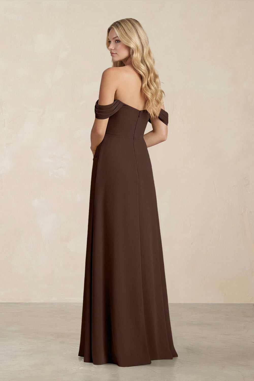 Off - the - Shoulder Corset Sheath Chiffon Bridesmaid Dress in Espresso - KissProm Bridesmaid Dresses