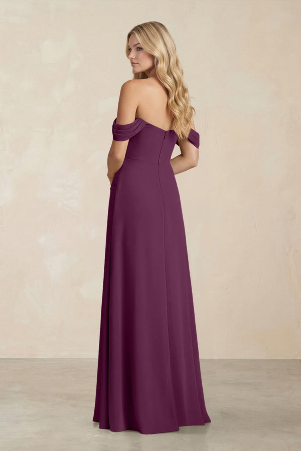 Off - the - Shoulder Corset Sheath Chiffon Bridesmaid Dress in Fig - KissProm Bridesmaid Dresses