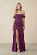 Off - the - Shoulder Corset Sheath Chiffon Bridesmaid Dress in Fig - KissProm Bridesmaid Dresses