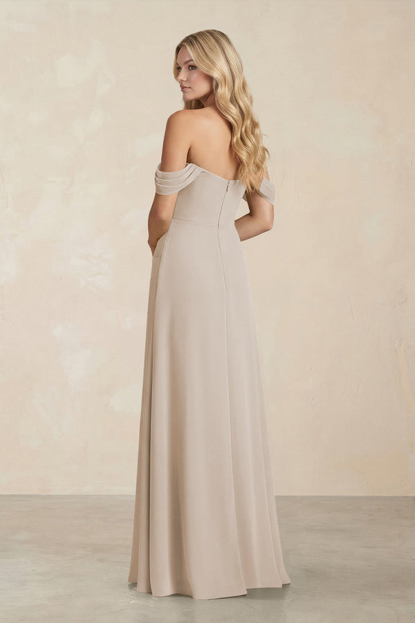 Off - the - Shoulder Corset Sheath Chiffon Bridesmaid Dress in Frost - KissProm Bridesmaid Dresses