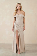 Off - the - Shoulder Corset Sheath Chiffon Bridesmaid Dress in Frost - KissProm Bridesmaid Dresses
