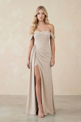 Off - the - Shoulder Corset Sheath Chiffon Bridesmaid Dress in Frost - KissProm Bridesmaid Dresses