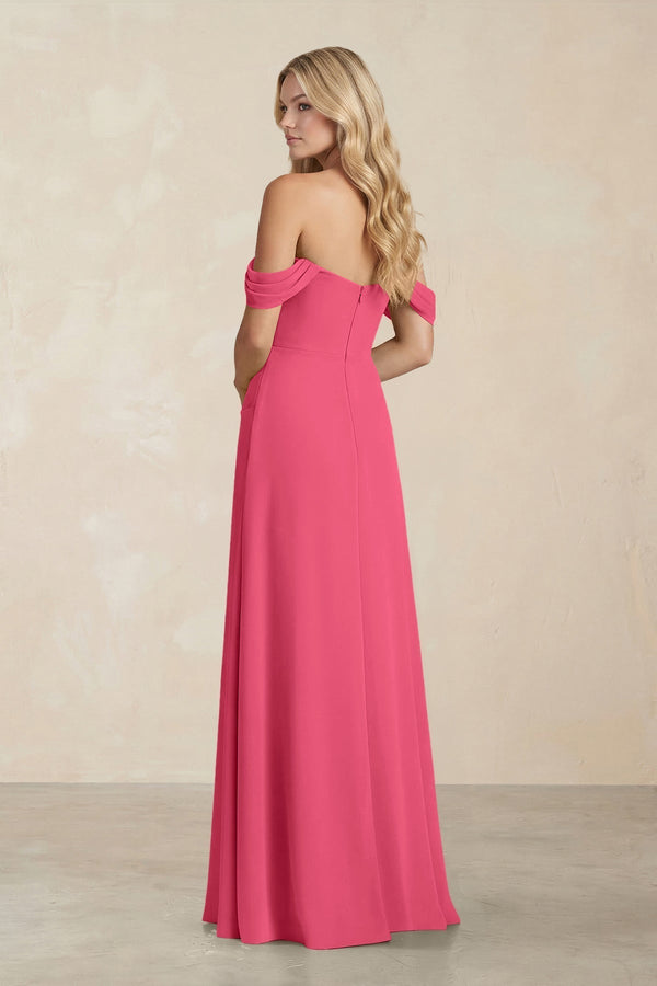 Off - the - Shoulder Corset Sheath Chiffon Bridesmaid Dress in Fuchsia - KissProm Bridesmaid Dresses