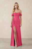 Off - the - Shoulder Corset Sheath Chiffon Bridesmaid Dress in Fuchsia - KissProm Bridesmaid Dresses