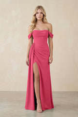 Off - the - Shoulder Corset Sheath Chiffon Bridesmaid Dress in Fuchsia - KissProm Bridesmaid Dresses