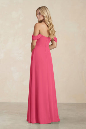 Off - the - Shoulder Corset Sheath Chiffon Bridesmaid Dress in Fuchsia - KissProm Bridesmaid Dresses
