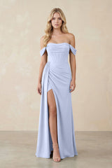 Off - the - Shoulder Corset Sheath Chiffon Bridesmaid Dress in Ice - KissProm Bridesmaid Dresses