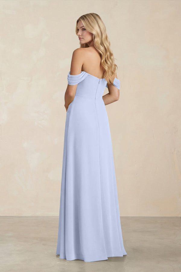 Off - the - Shoulder Corset Sheath Chiffon Bridesmaid Dress in Ice - KissProm Bridesmaid Dresses