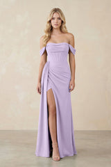 Off - the - Shoulder Corset Sheath Chiffon Bridesmaid Dress in Lavender - KissProm Bridesmaid Dresses