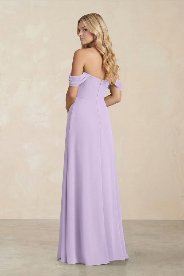 Off - the - Shoulder Corset Sheath Chiffon Bridesmaid Dress in Lavender - KissProm Bridesmaid Dresses