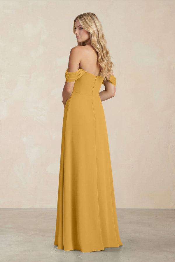 Off - the - Shoulder Corset Sheath Chiffon Bridesmaid Dress in Marigold - KissProm Bridesmaid Dresses