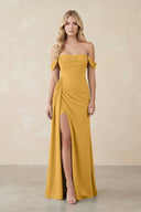 Off - the - Shoulder Corset Sheath Chiffon Bridesmaid Dress in Marigold - KissProm Bridesmaid Dresses