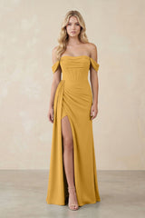 Off - the - Shoulder Corset Sheath Chiffon Bridesmaid Dress in Marigold - KissProm Bridesmaid Dresses