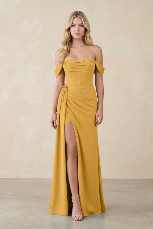 Off - the - Shoulder Corset Sheath Chiffon Bridesmaid Dress in Marigold - KissProm Bridesmaid Dresses