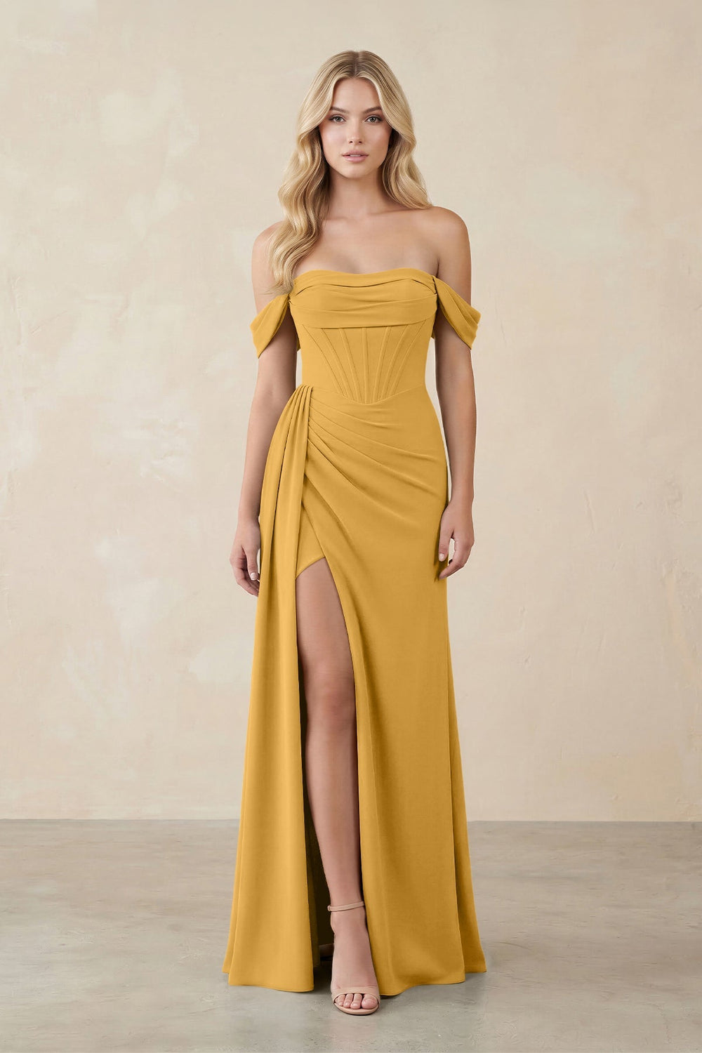 Off - the - Shoulder Corset Sheath Chiffon Bridesmaid Dress in Marigold - KissProm Bridesmaid Dresses