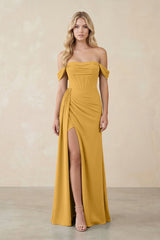 Off - the - Shoulder Corset Sheath Chiffon Bridesmaid Dress in Marigold - KissProm Bridesmaid Dresses