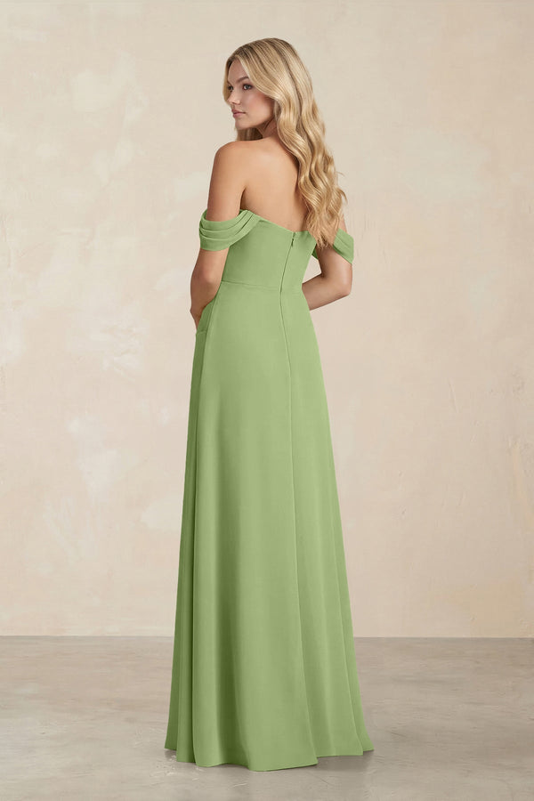 Off - the - Shoulder Corset Sheath Chiffon Bridesmaid Dress in Matcha - KissProm Bridesmaid Dresses