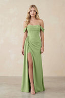 Off - the - Shoulder Corset Sheath Chiffon Bridesmaid Dress in Matcha - KissProm Bridesmaid Dresses