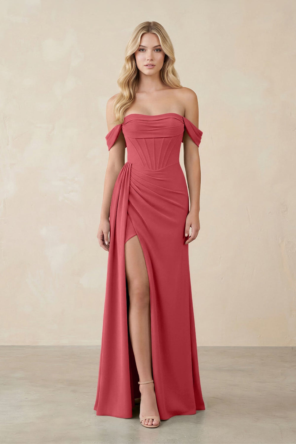 Off - the - Shoulder Corset Sheath Chiffon Bridesmaid Dress in Merlot - KissProm Bridesmaid Dresses