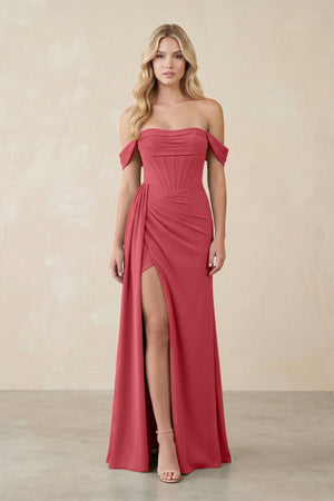 Off - the - Shoulder Corset Sheath Chiffon Bridesmaid Dress in Merlot - KissProm Bridesmaid Dresses