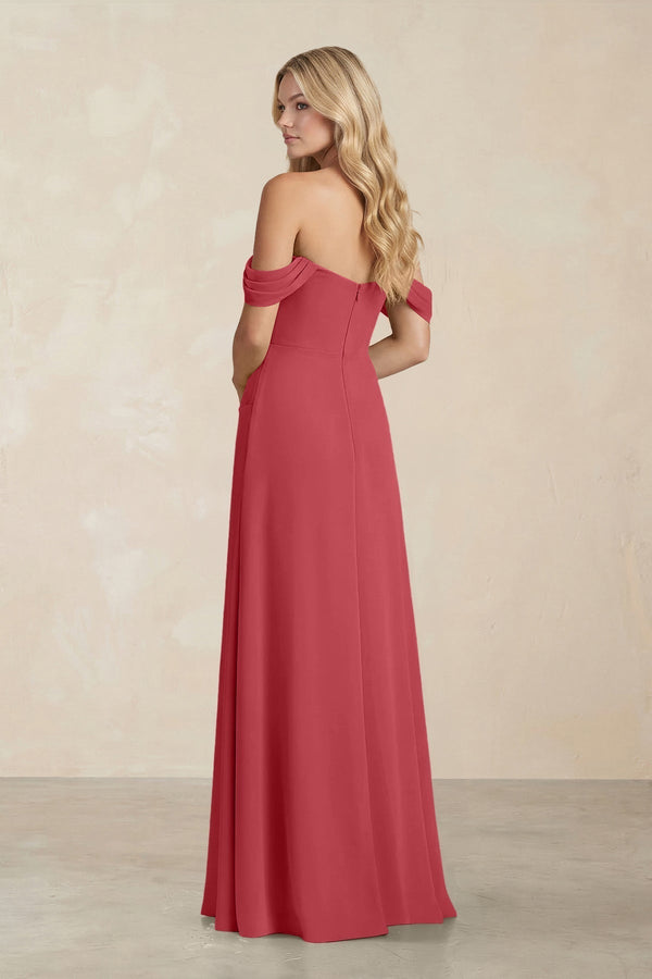 Off - the - Shoulder Corset Sheath Chiffon Bridesmaid Dress in Merlot - KissProm Bridesmaid Dresses