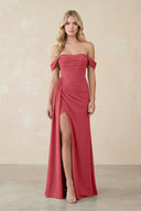 Off - the - Shoulder Corset Sheath Chiffon Bridesmaid Dress in Merlot - KissProm Bridesmaid Dresses