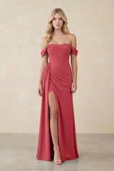 Off - the - Shoulder Corset Sheath Chiffon Bridesmaid Dress in Merlot - KissProm Bridesmaid Dresses