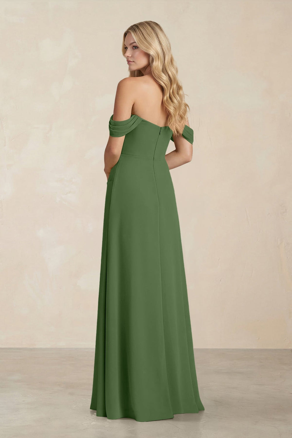Off - the - Shoulder Corset Sheath Chiffon Bridesmaid Dress in Moss - KissProm Bridesmaid Dresses