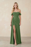 Off - the - Shoulder Corset Sheath Chiffon Bridesmaid Dress in Moss - KissProm Bridesmaid Dresses