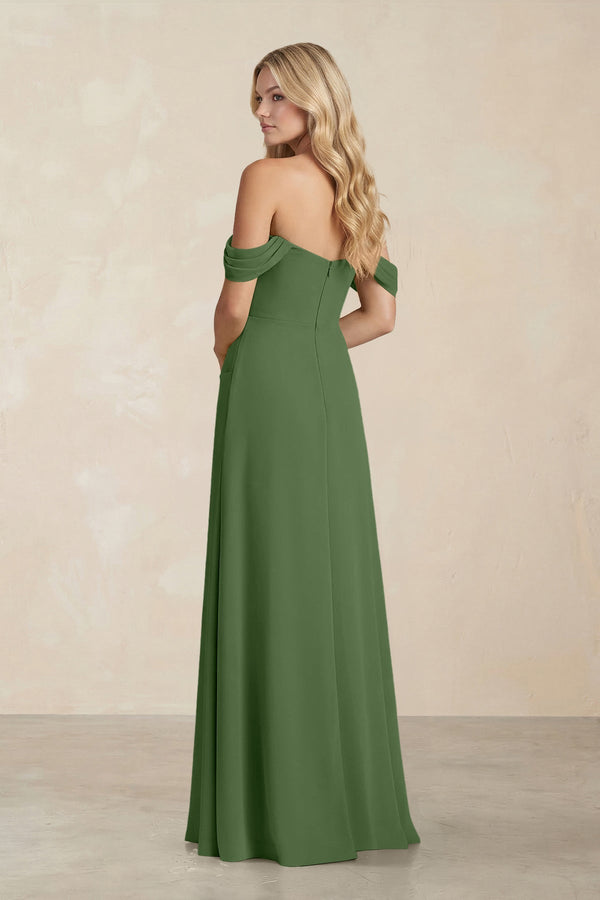 Off - the - Shoulder Corset Sheath Chiffon Bridesmaid Dress in Moss - KissProm Bridesmaid Dresses