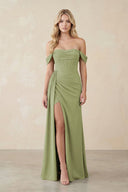 Off - the - Shoulder Corset Sheath Chiffon Bridesmaid Dress in Moss Green - KissProm Bridesmaid Dresses