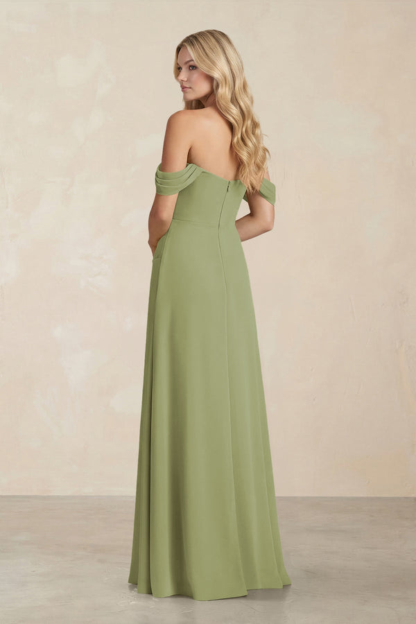 Off - the - Shoulder Corset Sheath Chiffon Bridesmaid Dress in Moss Green - KissProm Bridesmaid Dresses