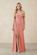 Off - the - Shoulder Corset Sheath Chiffon Bridesmaid Dress in Mulberry - KissProm Bridesmaid Dresses