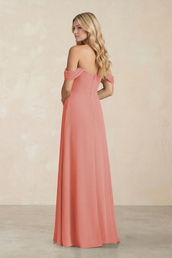 Off - the - Shoulder Corset Sheath Chiffon Bridesmaid Dress in Mulberry - KissProm Bridesmaid Dresses