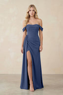 Off - the - Shoulder Corset Sheath Chiffon Bridesmaid Dress in Navy - KissProm Bridesmaid Dresses