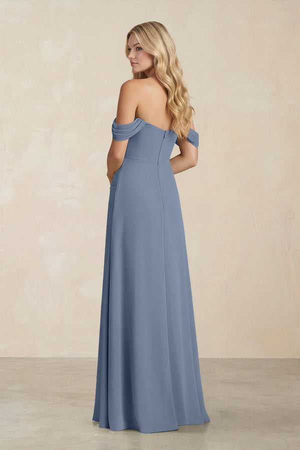 Off - the - Shoulder Corset Sheath Chiffon Bridesmaid Dress in Neptune - KissProm Bridesmaid Dresses