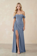 Off - the - Shoulder Corset Sheath Chiffon Bridesmaid Dress in Neptune - KissProm Bridesmaid Dresses