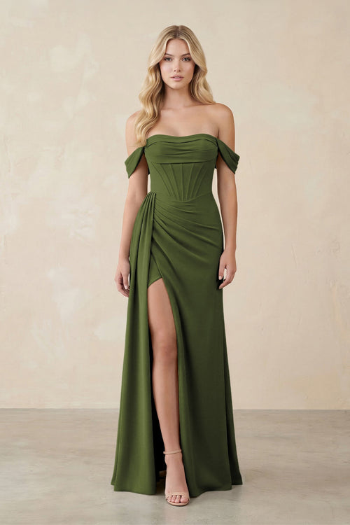 Off - the - Shoulder Corset Sheath Chiffon Bridesmaid Dress in Olive - KissProm Bridesmaid Dresses