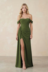 Off - the - Shoulder Corset Sheath Chiffon Bridesmaid Dress in Olive - KissProm Bridesmaid Dresses
