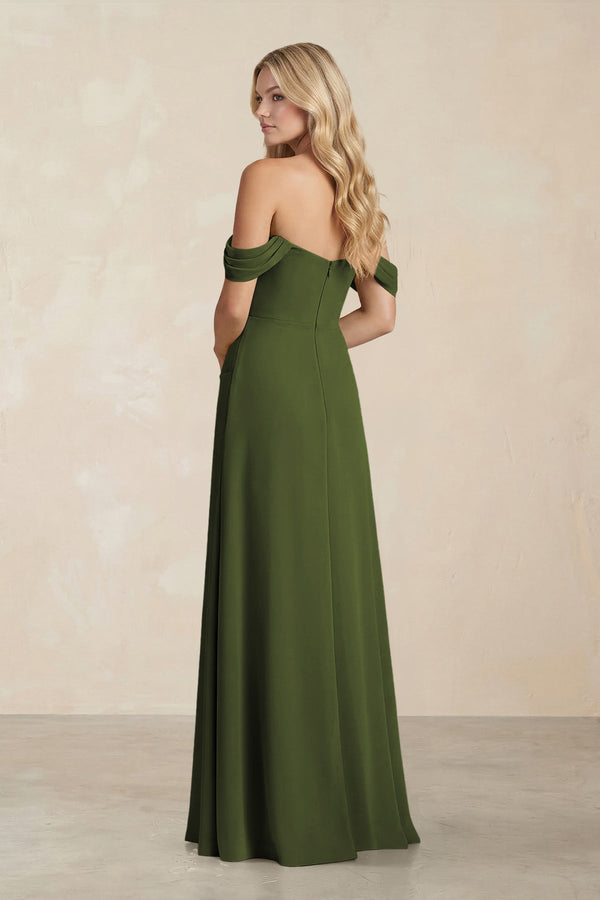 Off - the - Shoulder Corset Sheath Chiffon Bridesmaid Dress in Olive - KissProm Bridesmaid Dresses