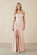 Off - the - Shoulder Corset Sheath Chiffon Bridesmaid Dress in Pale Blush - KissProm Bridesmaid Dresses