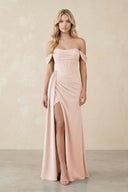 Off - the - Shoulder Corset Sheath Chiffon Bridesmaid Dress in Pale Blush - KissProm Bridesmaid Dresses