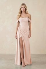Off - the - Shoulder Corset Sheath Chiffon Bridesmaid Dress in Pale Blush - KissProm Bridesmaid Dresses