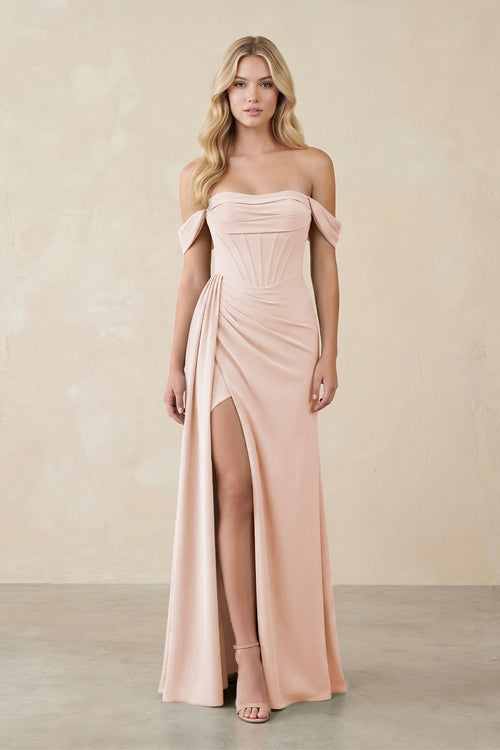 Off - the - Shoulder Corset Sheath Chiffon Bridesmaid Dress in Pale Blush - KissProm Bridesmaid Dresses