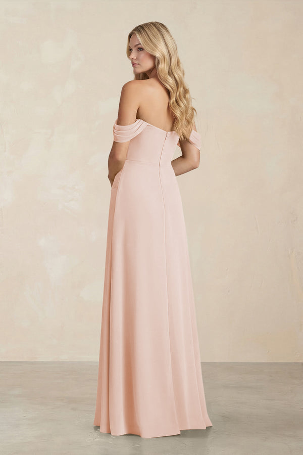 Off - the - Shoulder Corset Sheath Chiffon Bridesmaid Dress in Pale Blush - KissProm Bridesmaid Dresses