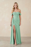 Off - the - Shoulder Corset Sheath Chiffon Bridesmaid Dress in Pale Pistachio - KissProm Bridesmaid Dresses
