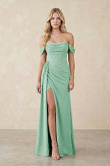 Off - the - Shoulder Corset Sheath Chiffon Bridesmaid Dress in Pale Pistachio - KissProm Bridesmaid Dresses