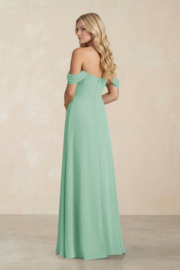 Off - the - Shoulder Corset Sheath Chiffon Bridesmaid Dress in Pale Pistachio - KissProm Bridesmaid Dresses