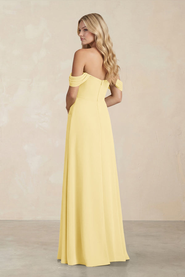Off - the - Shoulder Corset Sheath Chiffon Bridesmaid Dress in Pastel Yellow - KissProm Bridesmaid Dresses