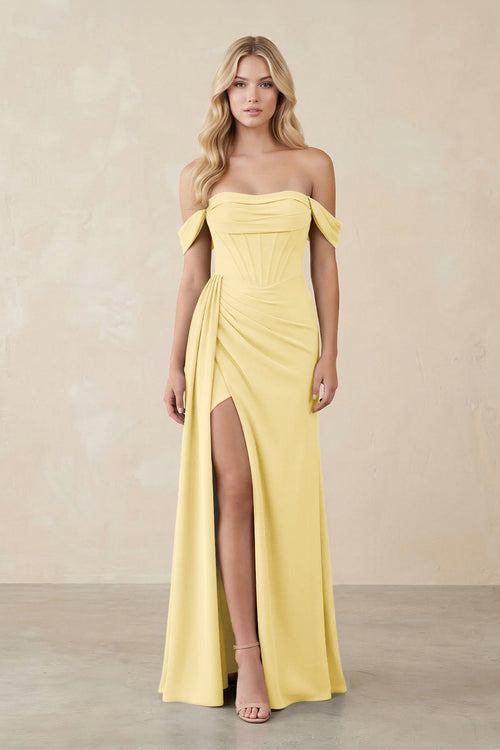 Off - the - Shoulder Corset Sheath Chiffon Bridesmaid Dress in Pastel Yellow - KissProm Bridesmaid Dresses